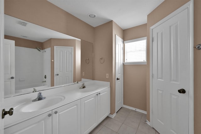 bathroom featuring shower / washtub combination, tile patterned flooring, and vanity