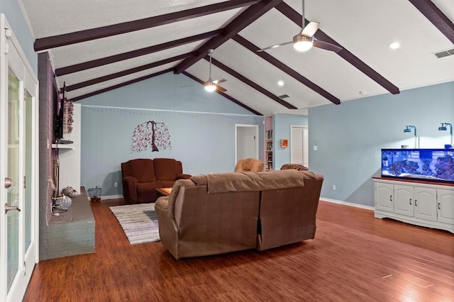 living room with lofted ceiling with beams, hardwood / wood-style flooring, and ceiling fan