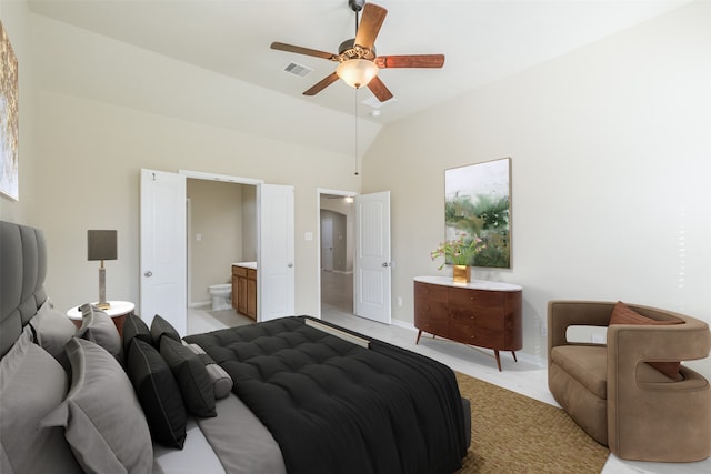 bedroom featuring ensuite bathroom, high vaulted ceiling, ceiling fan, and light colored carpet