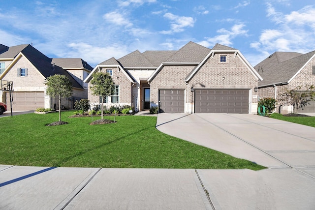 view of front facade with a front yard and a garage