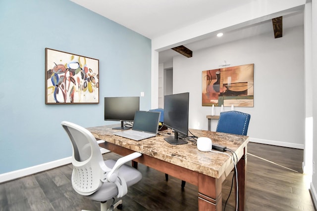 office area with dark hardwood / wood-style flooring and beamed ceiling