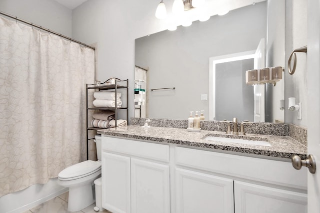 full bathroom with vanity, toilet, and shower / bathtub combination with curtain