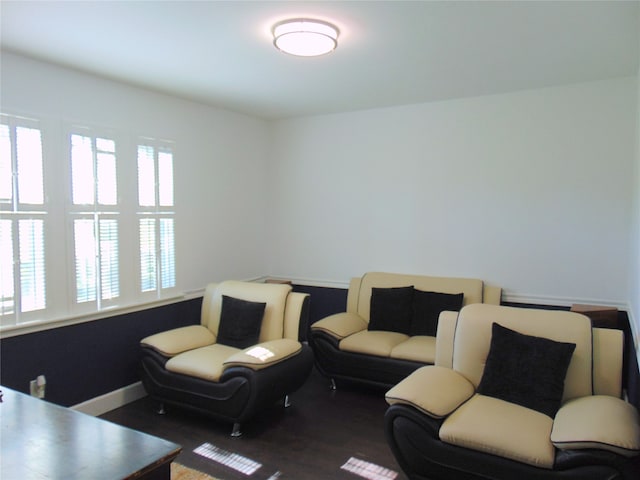 living room with dark hardwood / wood-style flooring