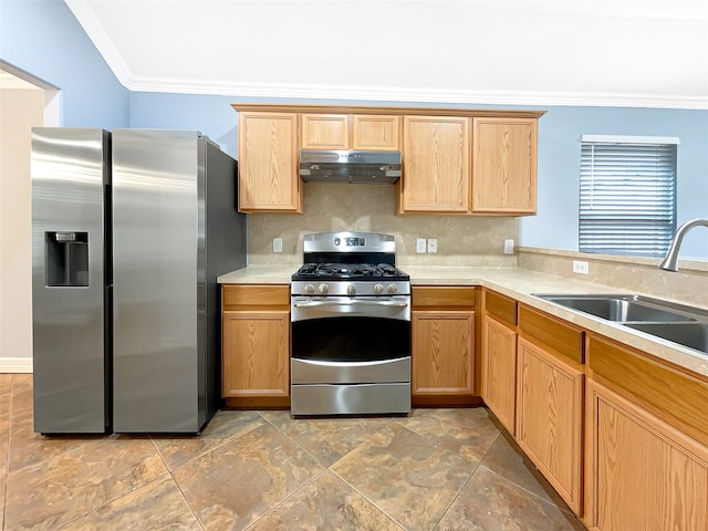 kitchen with appliances with stainless steel finishes, backsplash, crown molding, and sink