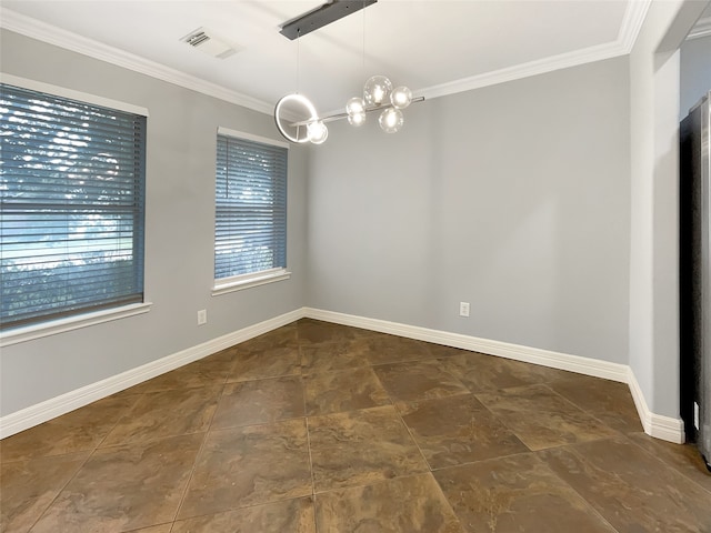 unfurnished room featuring crown molding and a chandelier