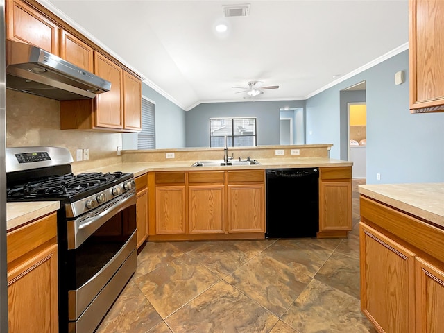 kitchen featuring gas range, sink, black dishwasher, independent washer and dryer, and extractor fan