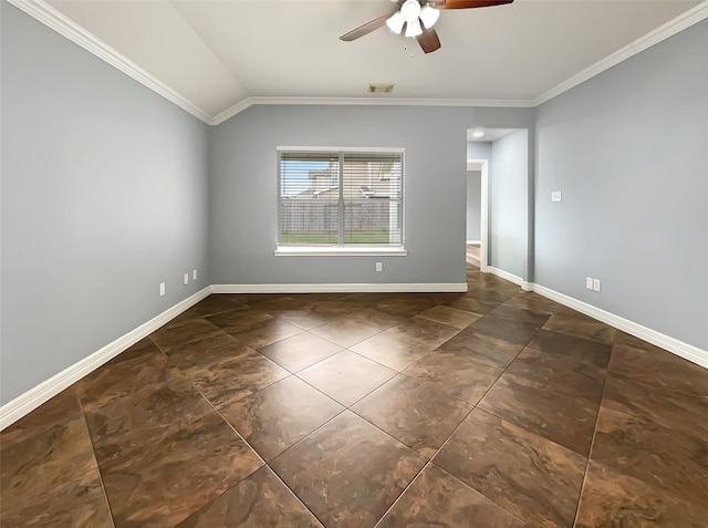 empty room with ceiling fan, crown molding, and lofted ceiling