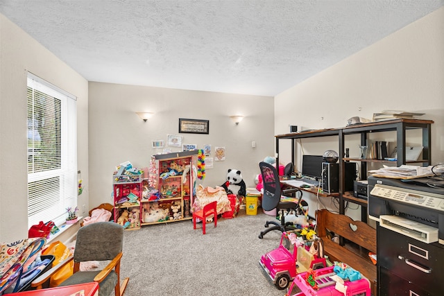 playroom featuring carpet flooring and a textured ceiling