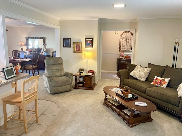 living room with light colored carpet and ornamental molding