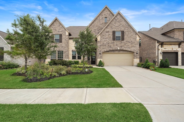 view of front of home with a garage and a front lawn