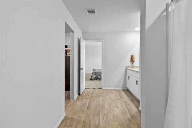 bathroom with vanity and wood-type flooring