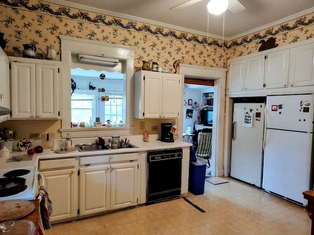 kitchen with crown molding, dishwasher, white fridge, and sink