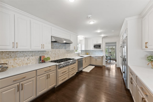 kitchen featuring decorative backsplash, ventilation hood, stainless steel appliances, dark wood-type flooring, and white cabinets