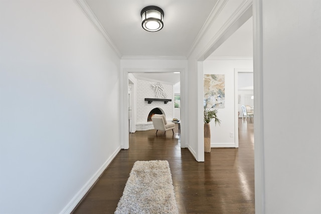 hallway with ornamental molding and dark wood-type flooring