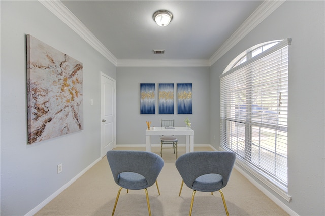 living area featuring carpet flooring and ornamental molding