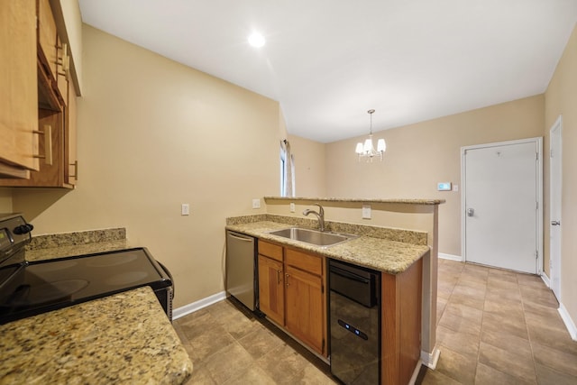 2555 Bering Dr Unit 1, Houston, TX 77057 - kitchen featuring a sink, a peninsula, stainless steel dishwasher, brown cabinets, and electric range