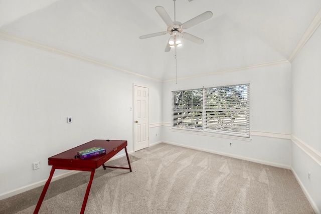 interior space with ceiling fan, lofted ceiling, and ornamental molding