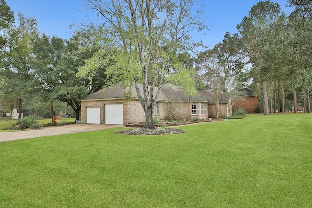 view of front facade with a garage, concrete driveway, brick siding, and a front lawn