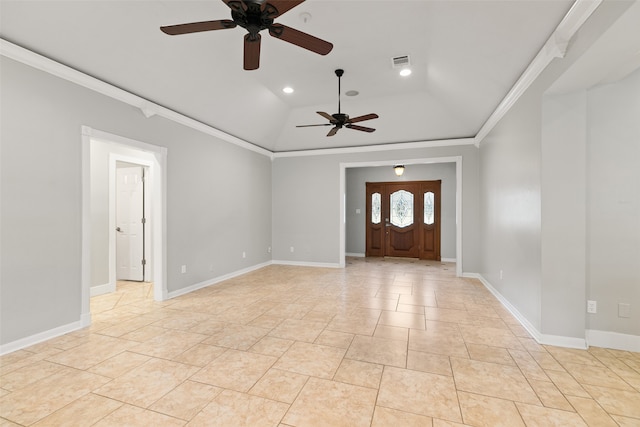 entryway featuring recessed lighting, visible vents, baseboards, vaulted ceiling, and crown molding