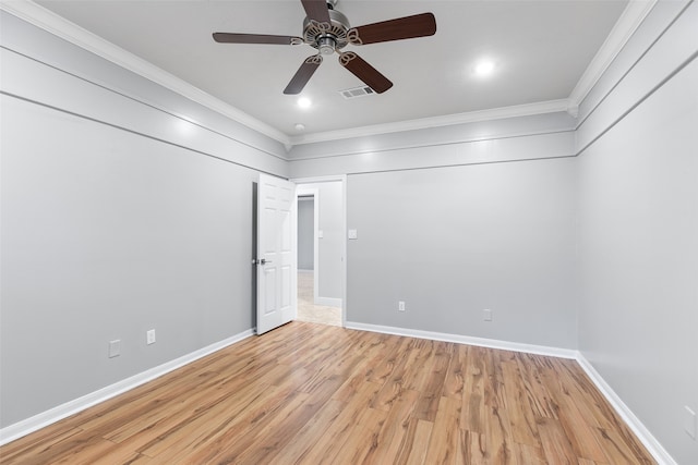 unfurnished bedroom with ceiling fan, light hardwood / wood-style floors, and ornamental molding