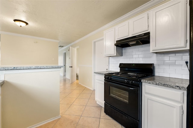 kitchen with backsplash, ornamental molding, light tile patterned floors, black gas range, and white cabinetry