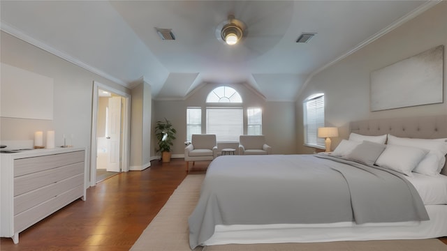 bedroom with lofted ceiling, ensuite bathroom, crown molding, dark hardwood / wood-style floors, and ceiling fan