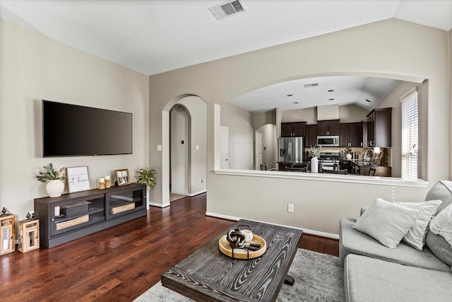 living room featuring sink, lofted ceiling, and dark wood-type flooring