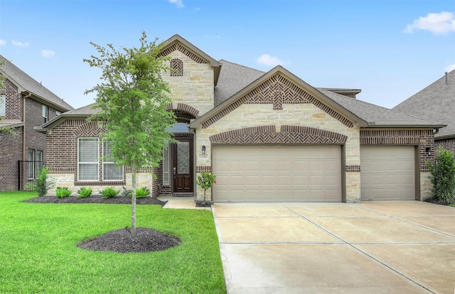 view of front of home featuring a front yard and a garage