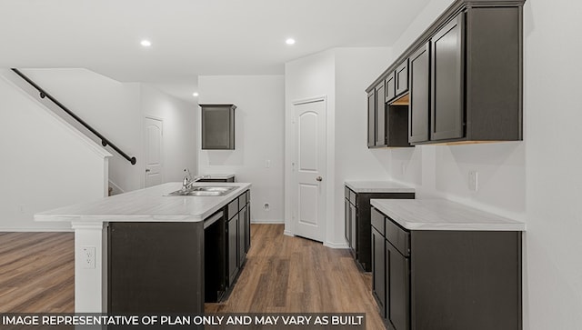 kitchen with dark hardwood / wood-style flooring, sink, and an island with sink