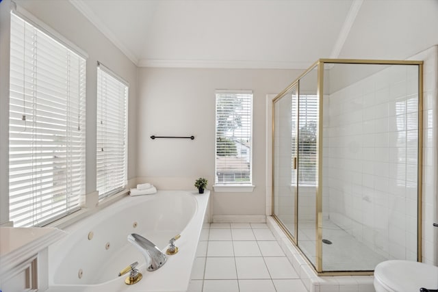 bathroom featuring tile patterned flooring, separate shower and tub, toilet, and crown molding