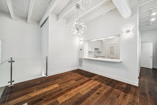 unfurnished living room with an inviting chandelier, dark hardwood / wood-style flooring, sink, and beam ceiling