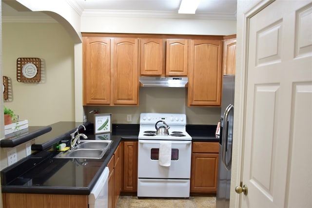 kitchen featuring kitchen peninsula, sink, white appliances, and ornamental molding