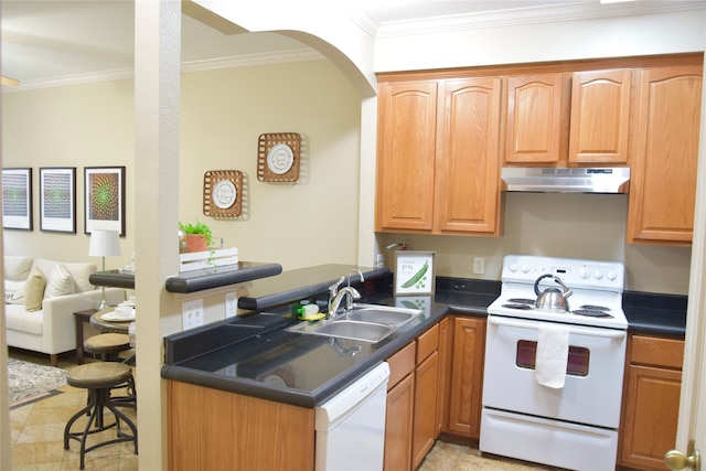 kitchen featuring kitchen peninsula, crown molding, white appliances, and sink