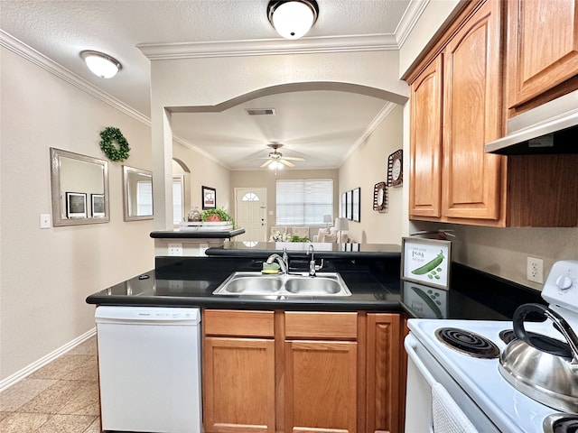 kitchen featuring white appliances, sink, ceiling fan, light tile patterned floors, and ornamental molding