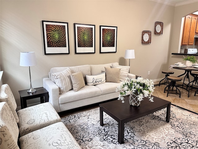 tiled living room featuring ornamental molding