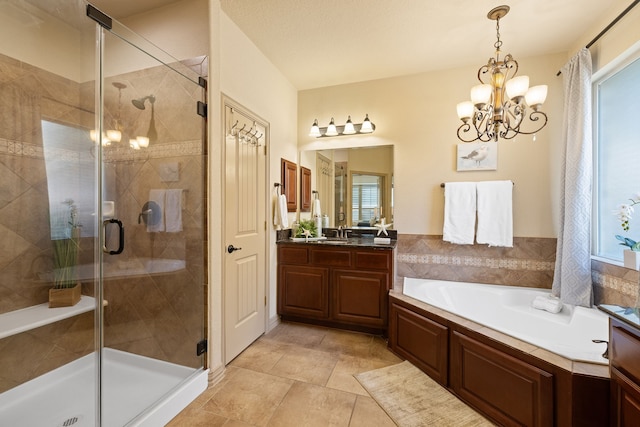 bathroom with separate shower and tub, tile patterned flooring, vanity, and an inviting chandelier