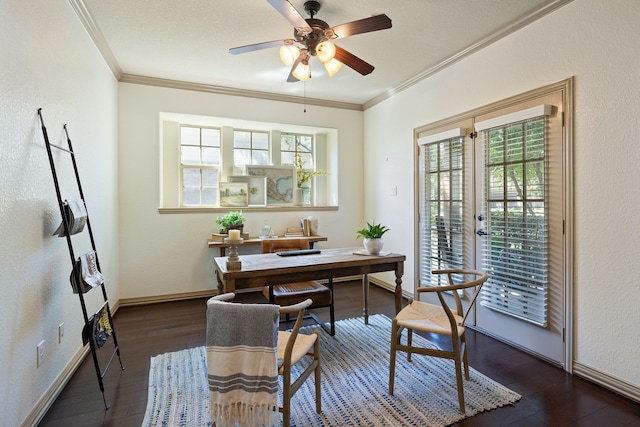 office featuring ceiling fan, a healthy amount of sunlight, crown molding, and dark wood-type flooring