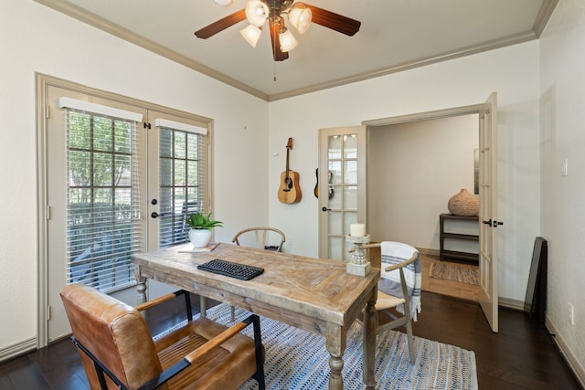 dining space featuring crown molding, french doors, ceiling fan, and dark wood-type flooring