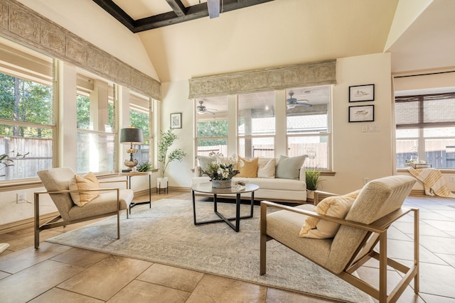 sunroom / solarium featuring ceiling fan, plenty of natural light, and lofted ceiling with beams