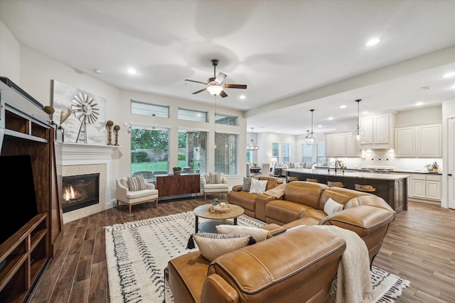 living room featuring hardwood / wood-style flooring and ceiling fan