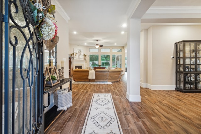 foyer entrance featuring hardwood / wood-style floors, ceiling fan, and ornamental molding