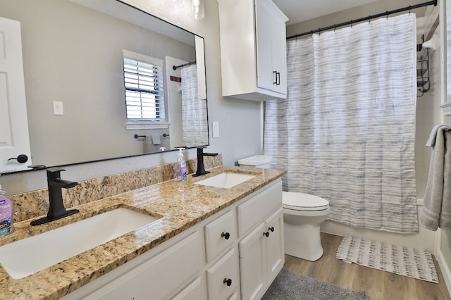 bathroom featuring vanity, hardwood / wood-style flooring, and toilet