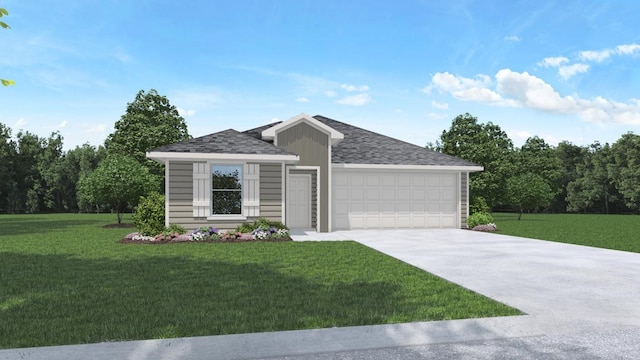 ranch-style home featuring a front yard and a garage