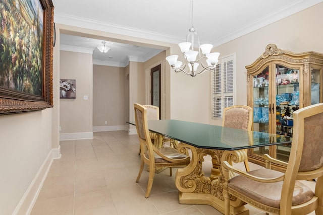 dining room featuring light tile patterned flooring, crown molding, and an inviting chandelier