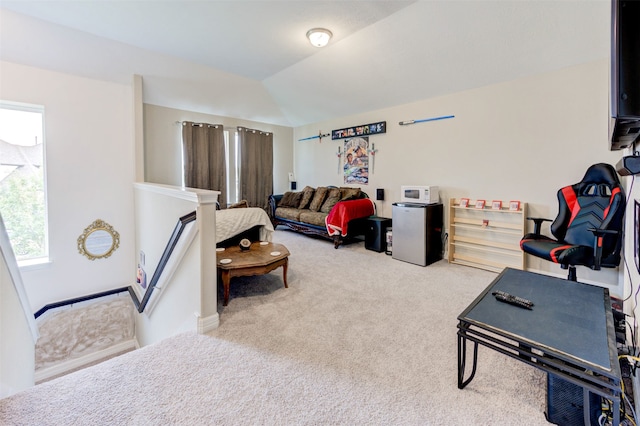 workout area with carpet floors and vaulted ceiling