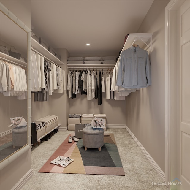 walk in closet featuring light carpet