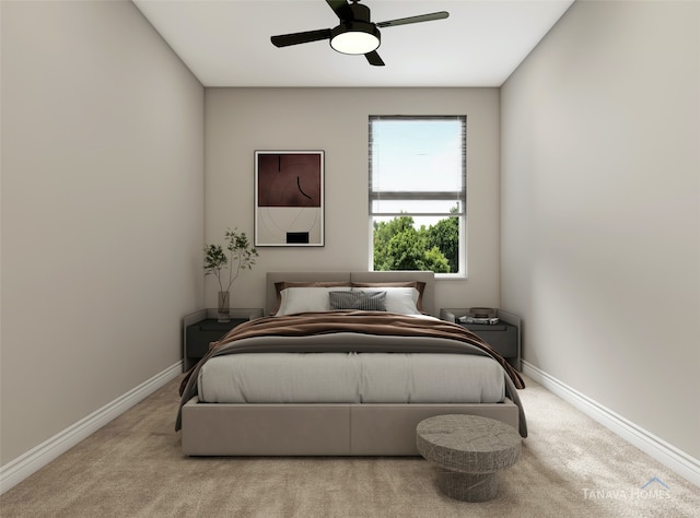 bedroom with ceiling fan and light colored carpet