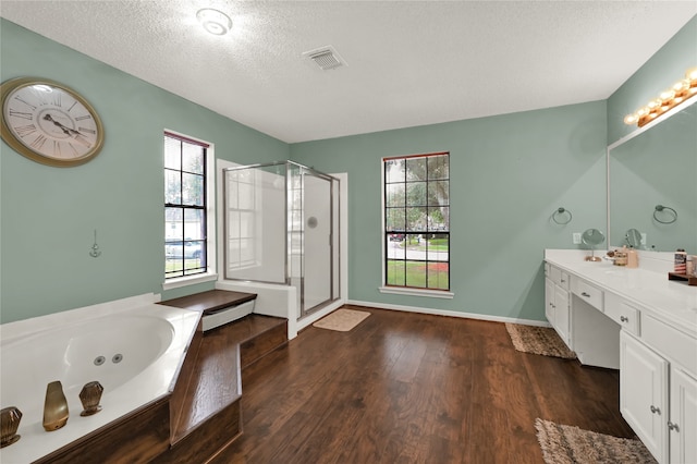 bathroom with vanity, a healthy amount of sunlight, wood-type flooring, and a textured ceiling