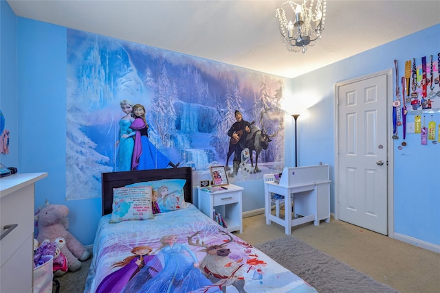 carpeted bedroom with a chandelier