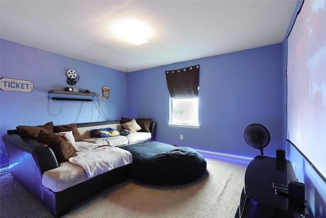 carpeted living room with a textured ceiling